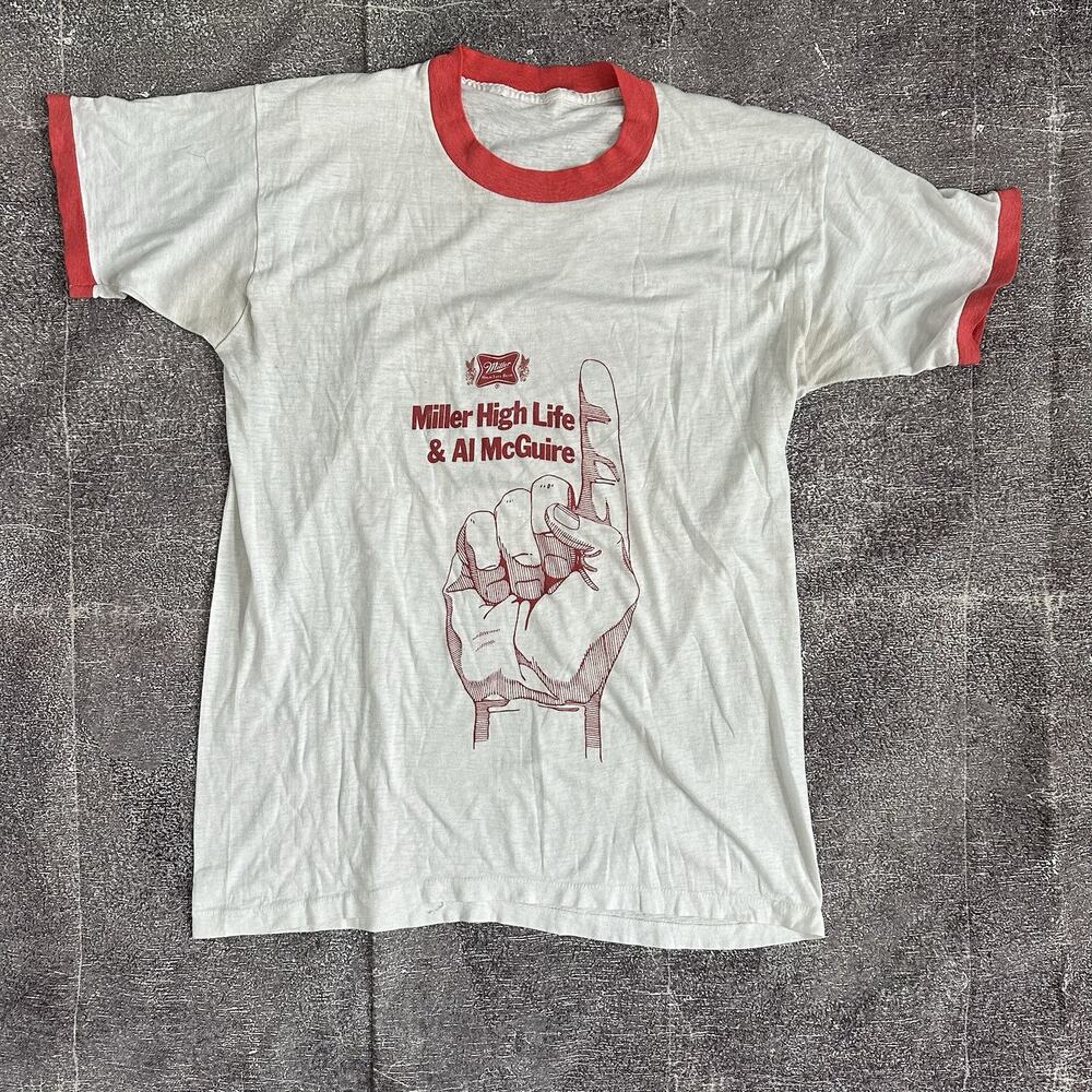 Men's Vintage 70's Miller High Life & Al McGuire White Ringer T Shirt Tee Sz L